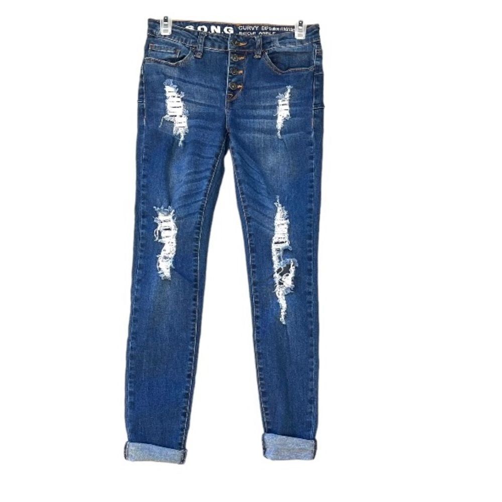 Curvy Mid-Rise Roll Cuff Distressed Ankle Jeans 5 27